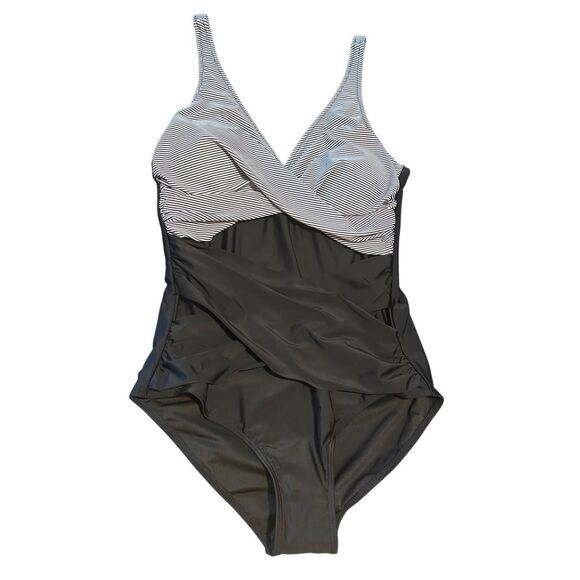 Smismivo Black Striped Size L Tummy Control Criss Cross One Piece Swimsuit Bathi - Picture 1 of 11